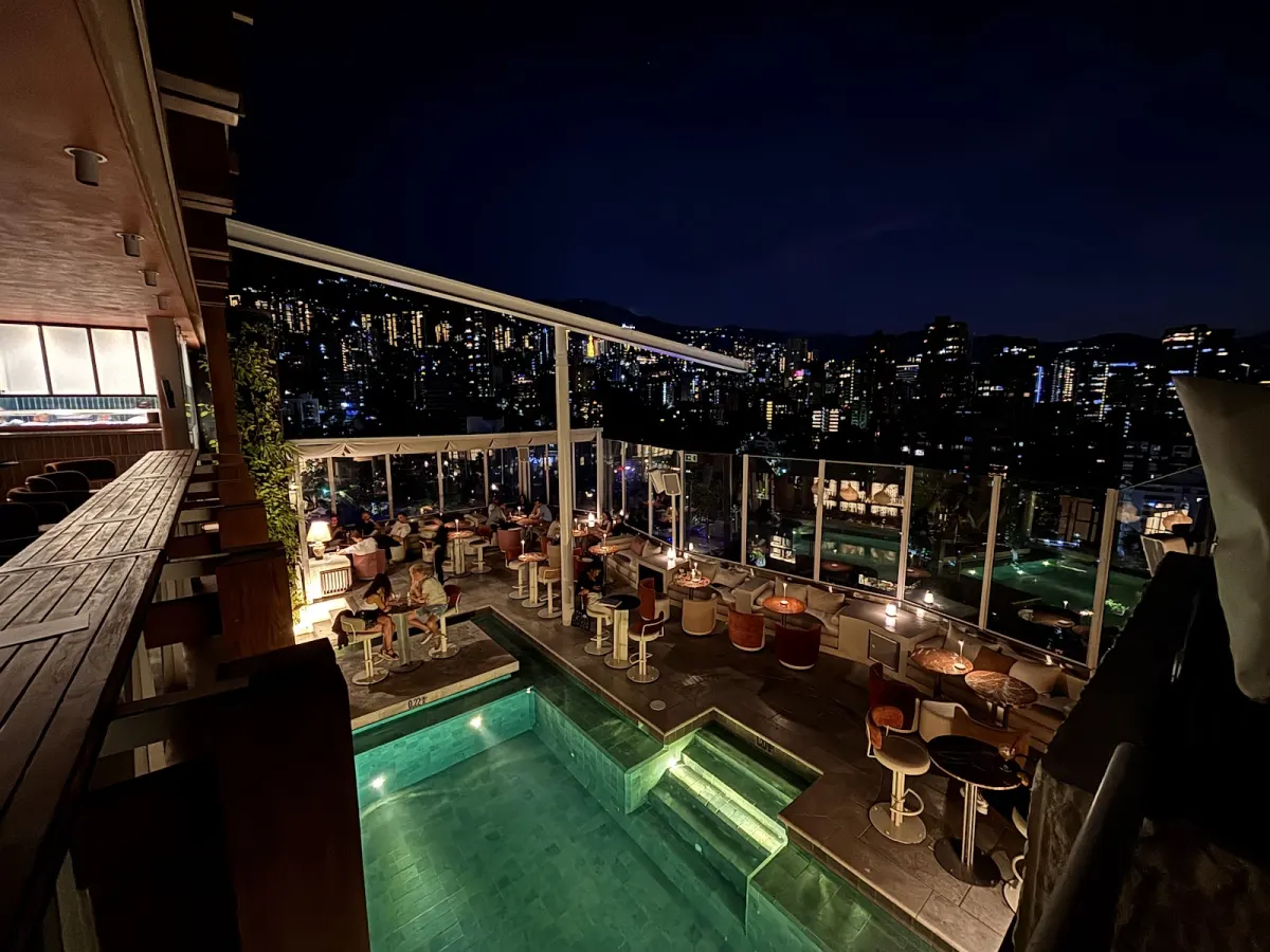 Envy Rooftop at night seen from the upper level, looking down on the lit pool, the terrace tables and the city lights