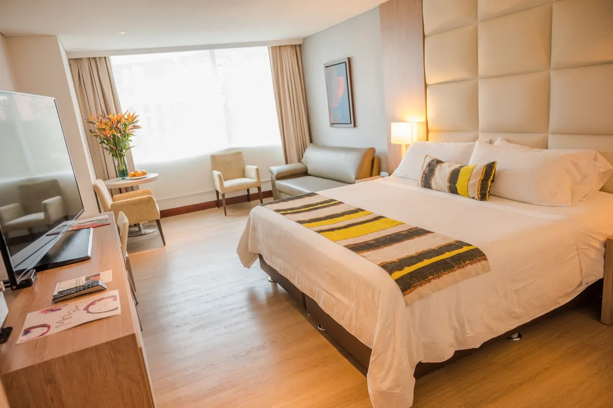 A room at Hotel San Fernando Plaza with a king bed against a padded headboard, an armchair and sofa by the window, and a wall-mounted TV