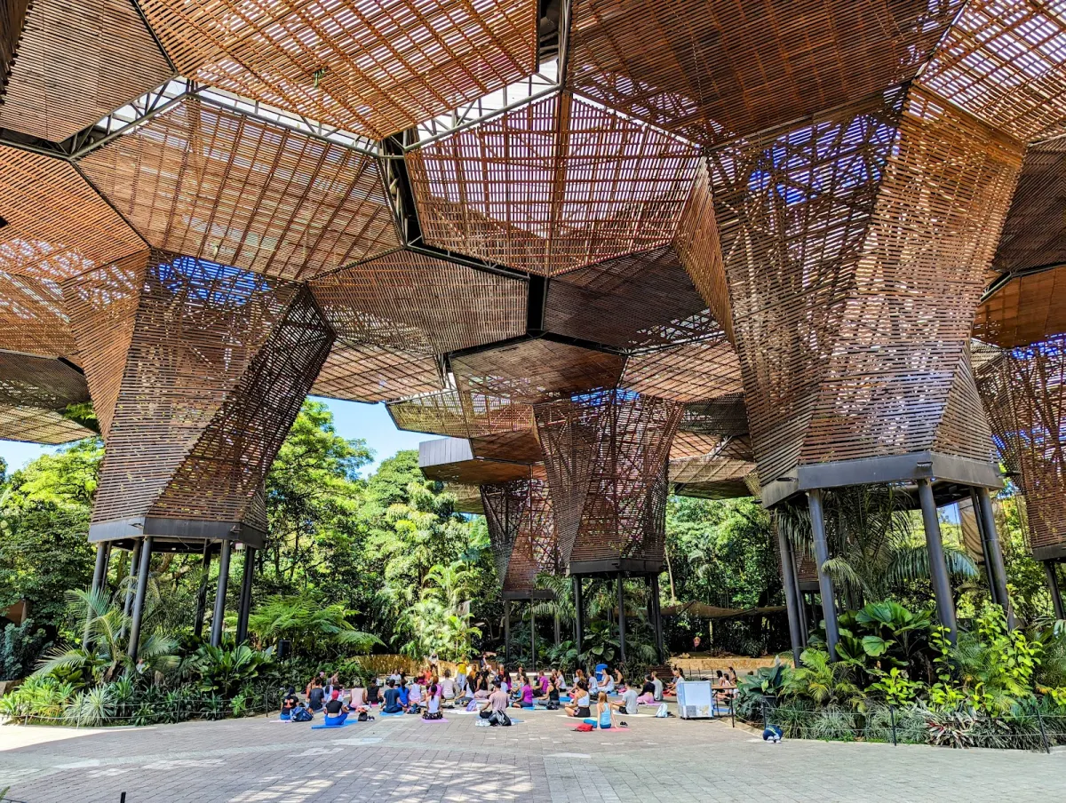 The Orquideorama's tall hexagonal timber canopies on steel legs, with a group doing yoga on mats on the paved floor beneath and tropical plants around