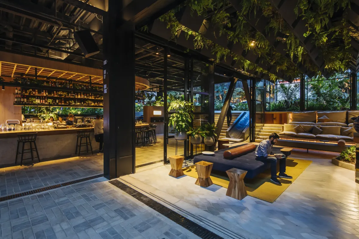 The ground-floor bar and lounge at The Click Clack Hotel Medellín at night, with a backlit bottle wall, sofas and hanging ferns overhead